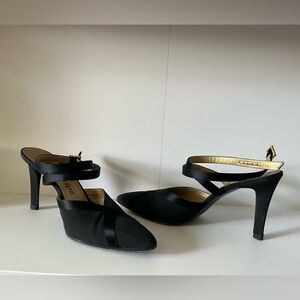 Yves Saint Laurent Black Satin Strapy mid heel shoes, Size 7 1/2